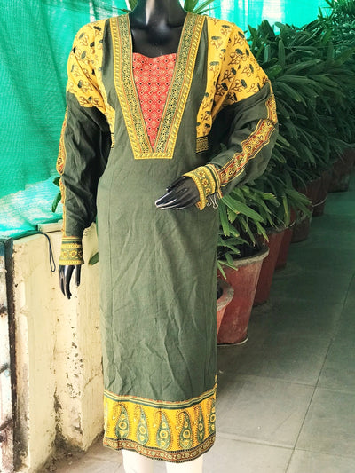 Green Ajrakh Patchwork Cotton Designer Kurti