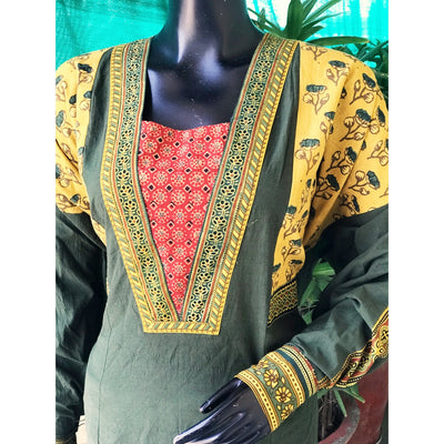 Green Ajrakh Patchwork Cotton Designer Kurti