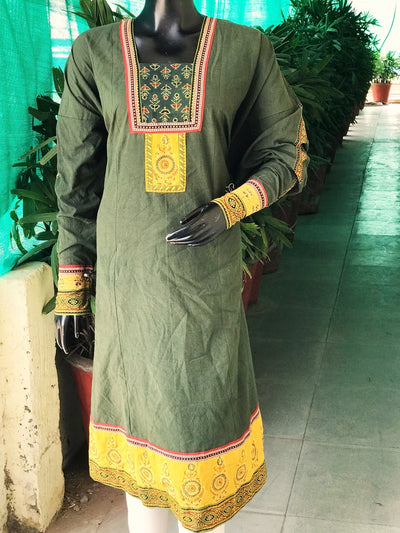 Green Ajrakh Patchwork Cotton Designer Kurti