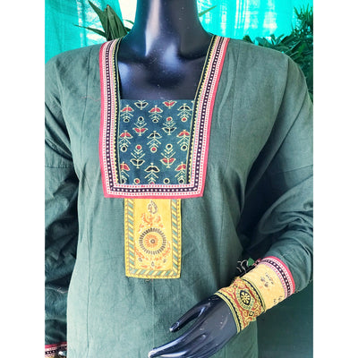 Green Ajrakh Patchwork Cotton Designer Kurti