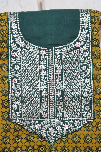 Yellow Ajrakh Pittan Work Kurti Fabric