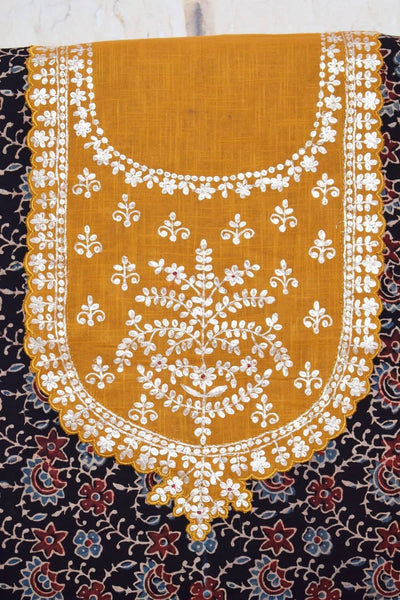 Black Ajrakh Pittan Work Kurti Fabric