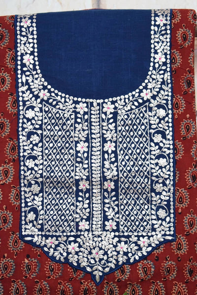 Madder Ajrakh Pittan Work Kurti Fabric