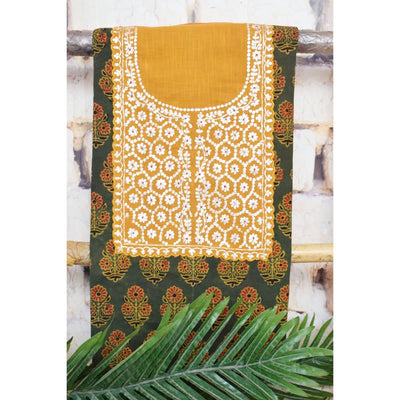 Green Ajrakh Pittan Work Kurti Fabric