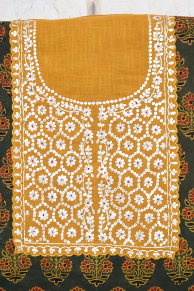 Green Ajrakh Pittan Work Kurti Fabric