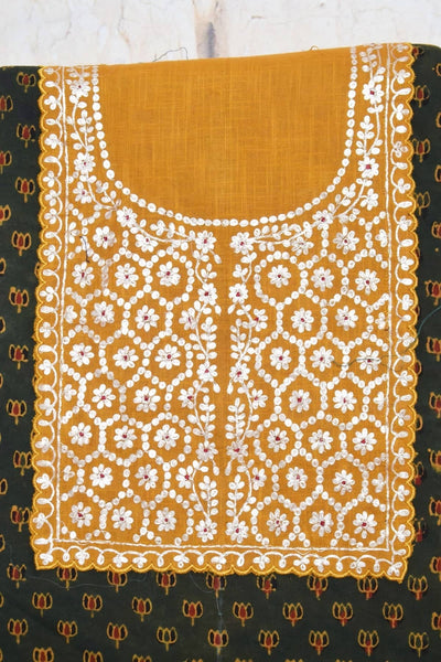 Green Ajrakh Pittan Work Kurti Fabric