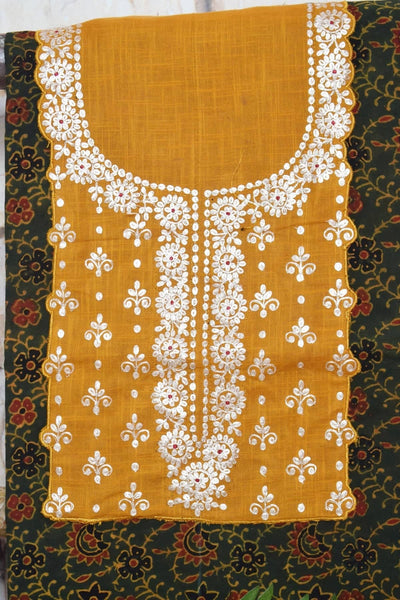 Green Ajrakh Pittan Work Kurti Fabric