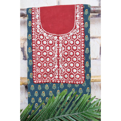 Green Ajrakh Pittan Work Kurti Fabric