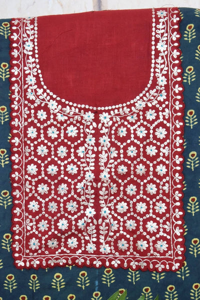 Green Ajrakh Pittan Work Kurti Fabric