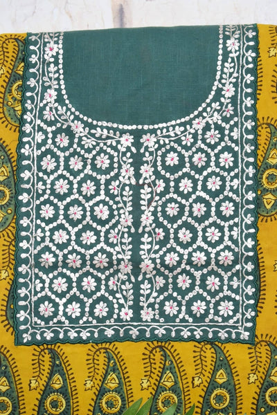 Yellow Ajrakh Pittan Work Kurti Fabric