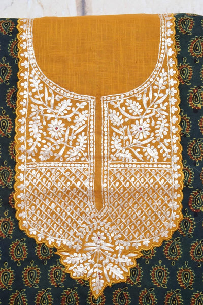 Green Ajrakh Pittan Work Kurti Fabric