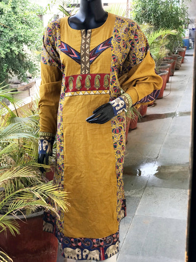 Yellow Kalamkari Patchwork Cotton Kurti