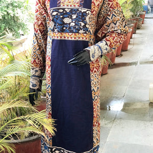Rust-Blue Kalamkari Patchwork Cotton Kurti