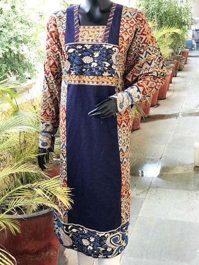 Rust-Blue Kalamkari Patchwork Cotton Kurti