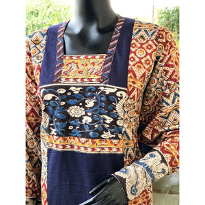 Rust-Blue Kalamkari Patchwork Cotton Kurti