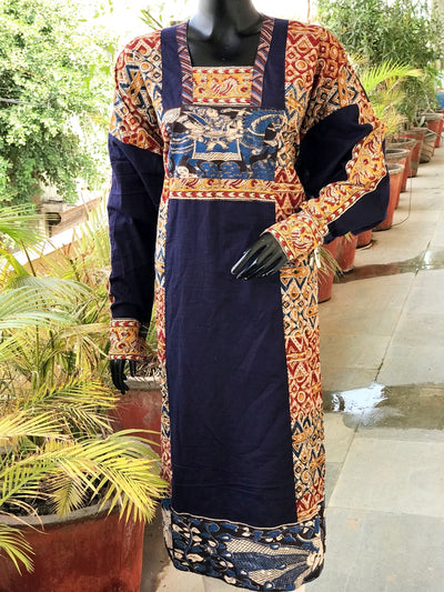 Red-Blue Kalamkari Patchwork Cotton Kurti