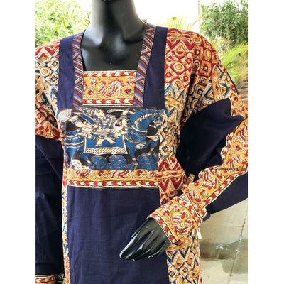 Red-Blue Kalamkari Patchwork Cotton Kurti