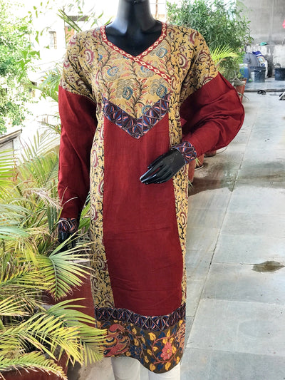 Yellow-Rust Kalamkari Patchwork Cotton Kurti