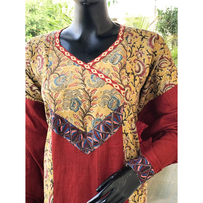Yellow-Rust Kalamkari Patchwork Cotton Kurti
