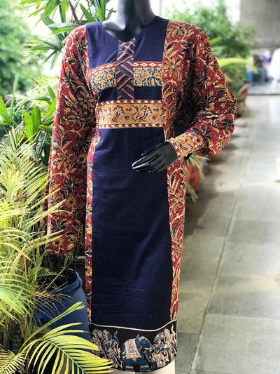 Red-Blue Kalamkari Patchwork Cotton Kurti