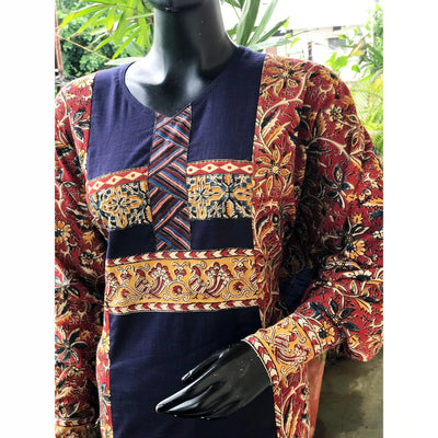 Red-Blue Kalamkari Patchwork Cotton Kurti