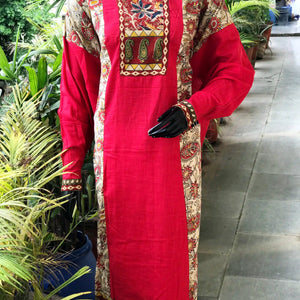 Cream-Red Kalamkari Patchwork Cotton Kurti