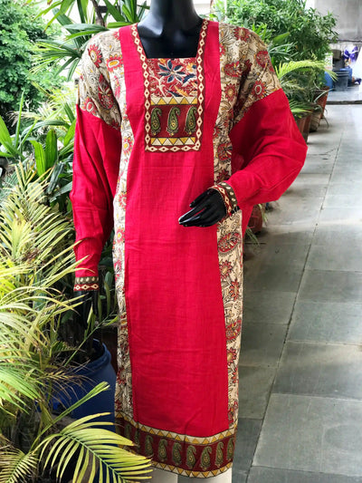 Cream-Red Kalamkari Patchwork Cotton Kurti