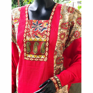 Cream-Red Kalamkari Patchwork Cotton Kurti