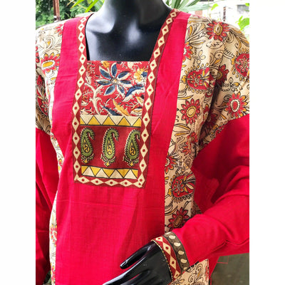 Cream-Red Kalamkari Patchwork Cotton Kurti