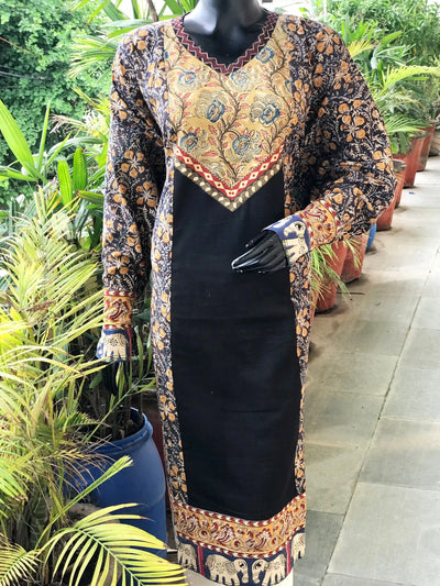 Black Kalamkari Patchwork Cotton Kurti
