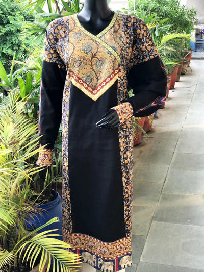 Black Kalamkari Patchwork Cotton Kurti