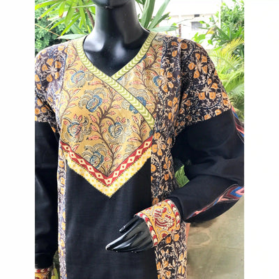 Black Kalamkari Patchwork Cotton Kurti