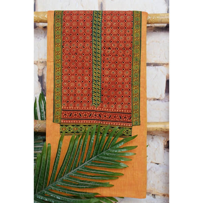 Peach Cotton Ajrakh Patchwork Kurti Fabric - SSEthnics