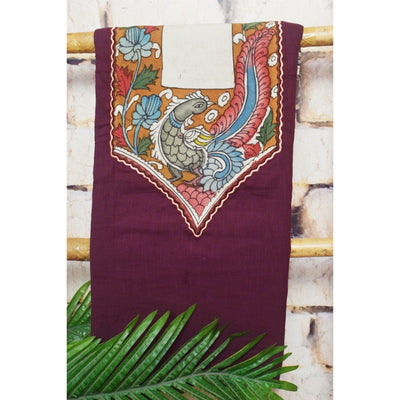 Burgundy Pen Kalamkari Cotton Kurti Fabric