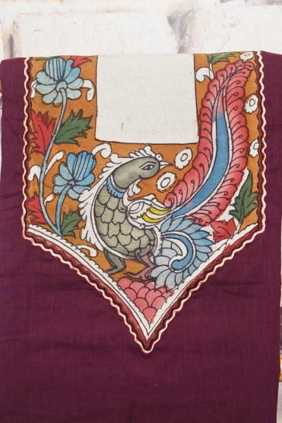 Burgundy Pen Kalamkari Cotton Kurti Fabric