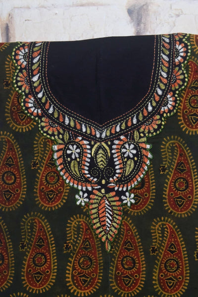 Green Ajrakh Cotton Kantha work Kurti Fabric