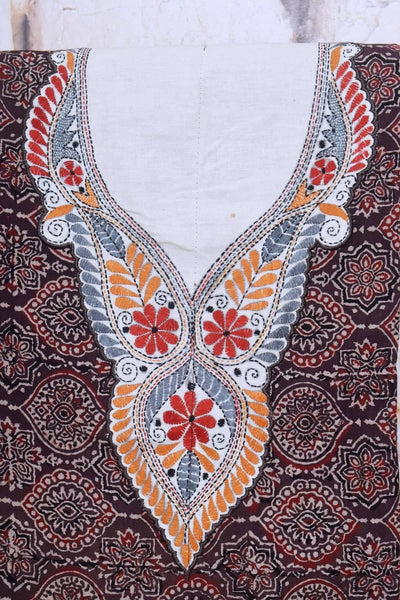 Cotton Ajrakh Print Kurti Handwork Beaded Neck-Deep Blue.