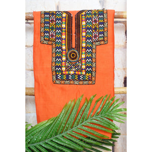 Orange Maheshwari Silk Kutch Old Work Kurti Fabric