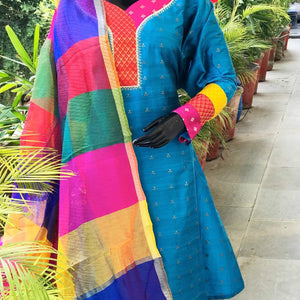 Blue Brocade Patchwork Cotton Silk Set