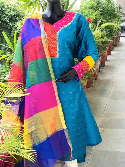 Blue Brocade Patchwork Cotton Silk Set