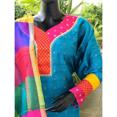 Blue Brocade Patchwork Cotton Silk Set