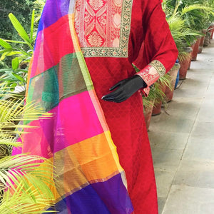 Red Brocade Patchwork Cotton Silk Set