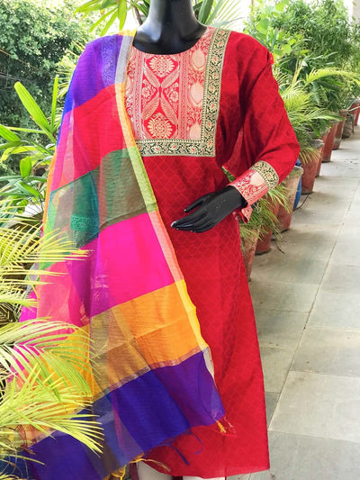 Red Brocade Patchwork Cotton Silk Set