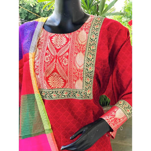 Red Brocade Patchwork Cotton Silk Set