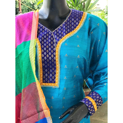 Blue Brocade Patchwork Cotton Silk Set