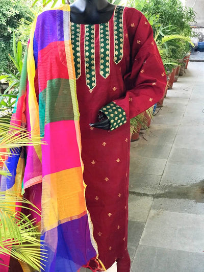 Maroon Brocade Patchwork Cotton Silk Set