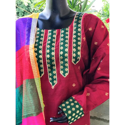 Maroon Brocade Patchwork Cotton Silk Set