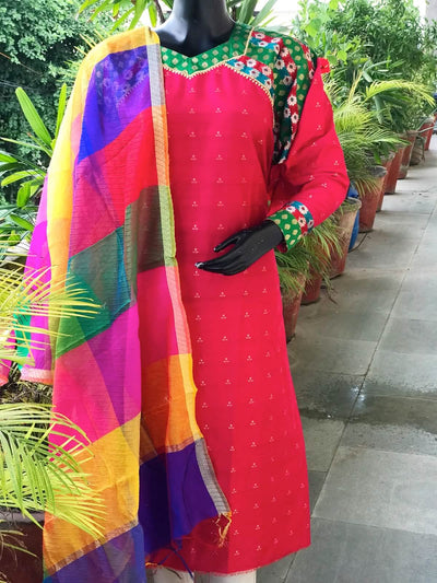 Pink Brocade Patchwork Cotton Silk Set