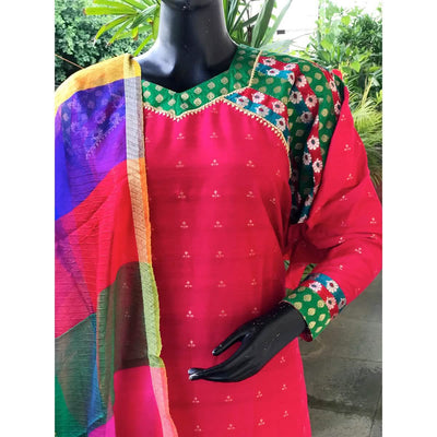 Pink Brocade Patchwork Cotton Silk Set