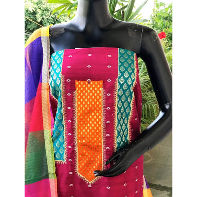 Fucshia Brocade Patchwork Cotton Silk Set